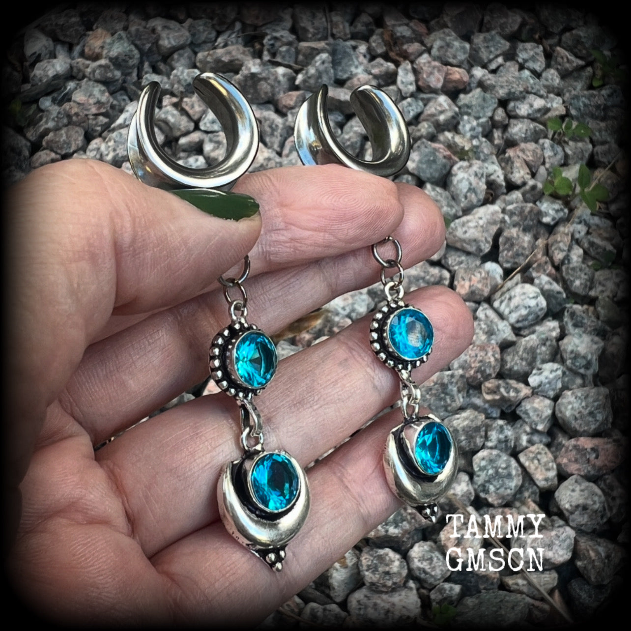 These earrings have been made with gorgeous facet sky blue topaz gemstones in a beautiful boho antique silver setting with crescent moon, lovely and dangly at just over 7.5cms from tip to tip, and not too heavy at just 8 grams each.  These earrings have been made on 5/8” gauge (16mm) surgical steel cradles, to be worn in stretched lobes.