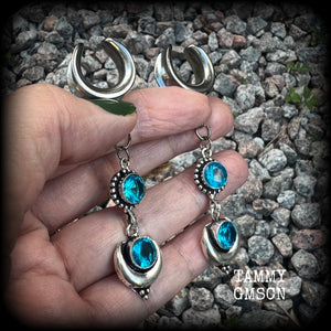 These earrings have been made with gorgeous facet sky blue topaz gemstones in a beautiful boho antique silver setting with crescent moon, lovely and dangly at just over 7.5cms from tip to tip, and not too heavy at just 8 grams each.  These earrings have been made on 5/8” gauge (16mm) surgical steel cradles, to be worn in stretched lobes.