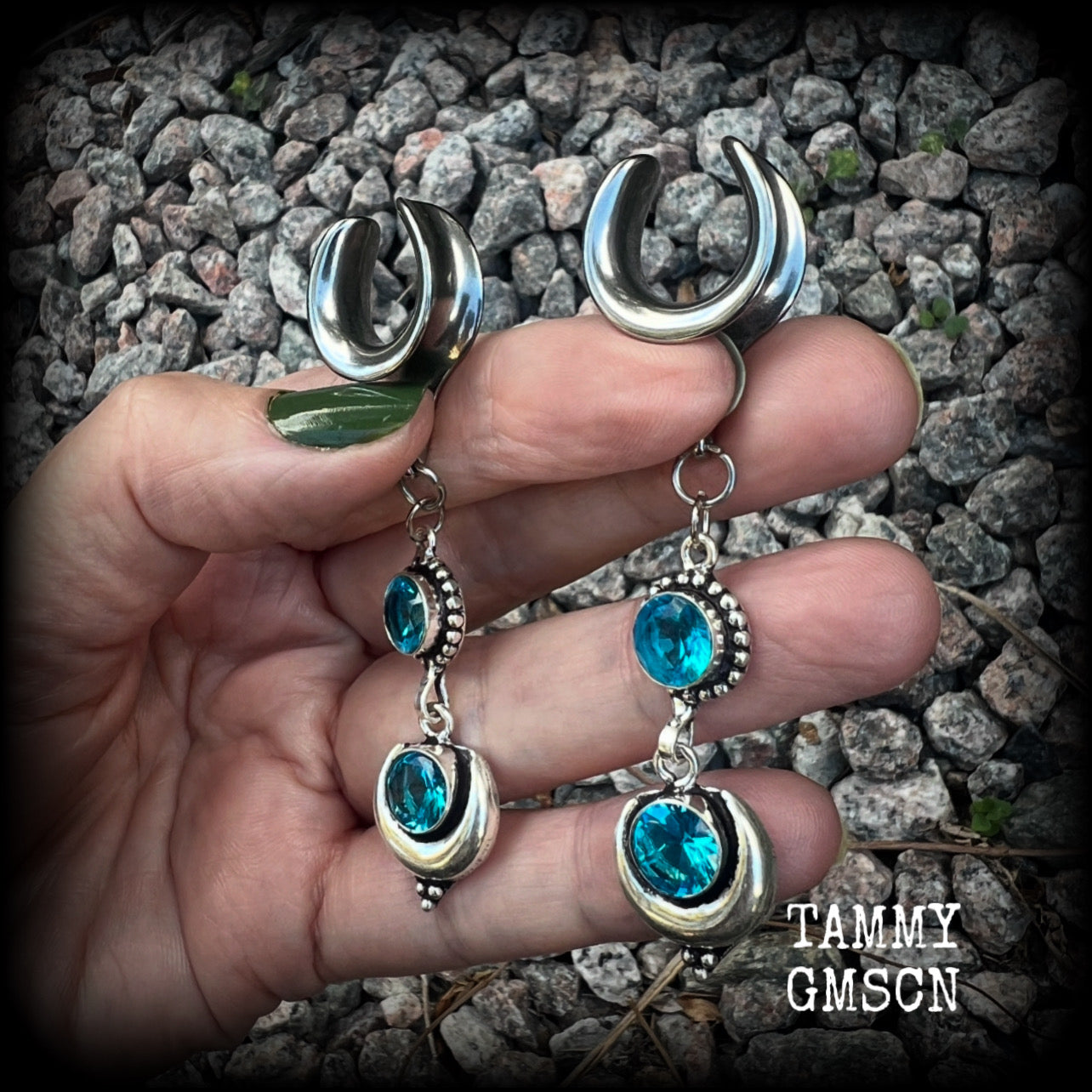 These earrings have been made with gorgeous facet sky blue topaz gemstones in a beautiful boho antique silver setting with crescent moon, lovely and dangly at just over 7.5cms from tip to tip, and not too heavy at just 8 grams each.  These earrings have been made on 5/8” gauge (16mm) surgical steel cradles, to be worn in stretched lobes.