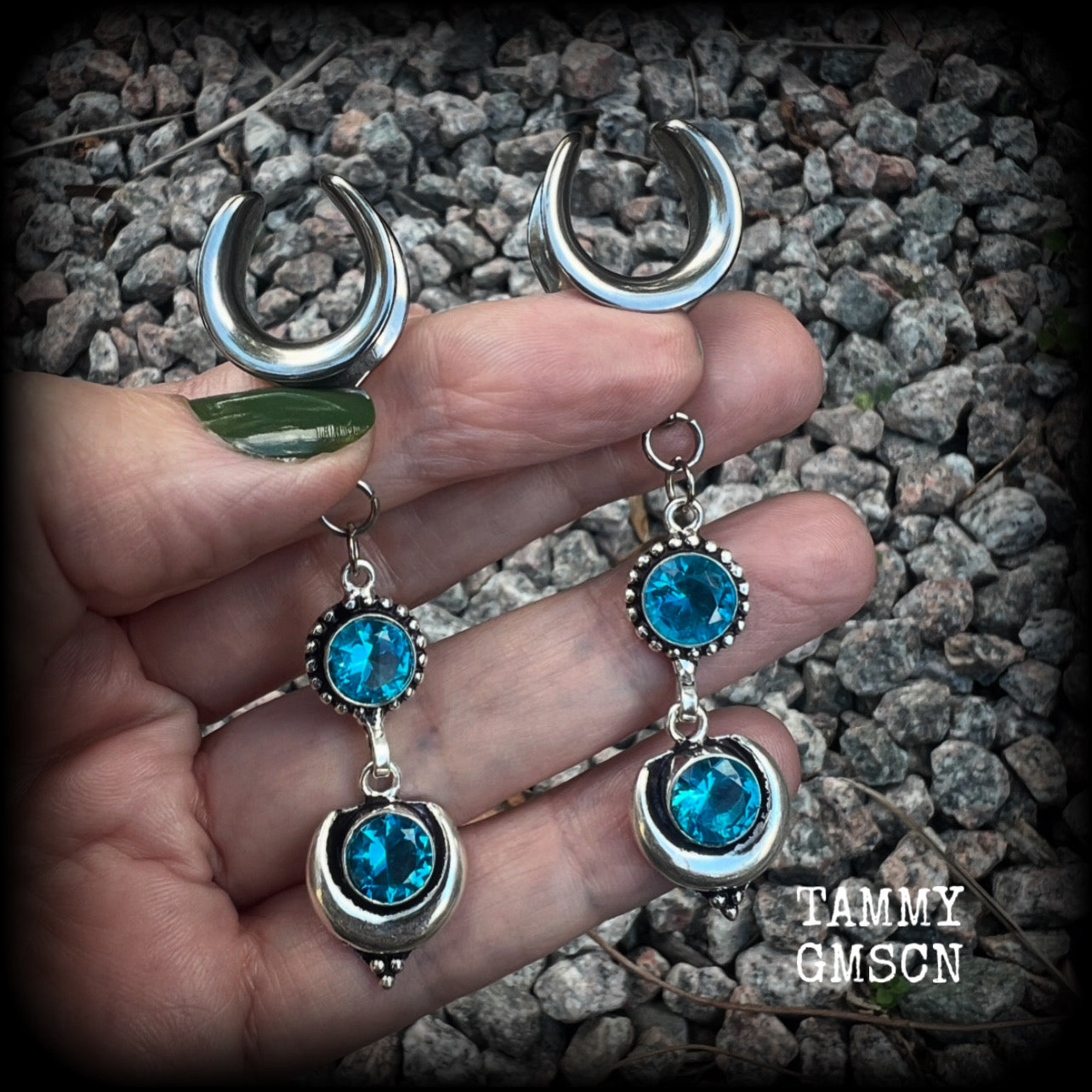 These earrings have been made with gorgeous facet sky blue topaz gemstones in a beautiful boho antique silver setting with crescent moon, lovely and dangly at just over 7.5cms from tip to tip, and not too heavy at just 8 grams each.  These earrings have been made on 5/8” gauge (16mm) surgical steel cradles, to be worn in stretched lobes.