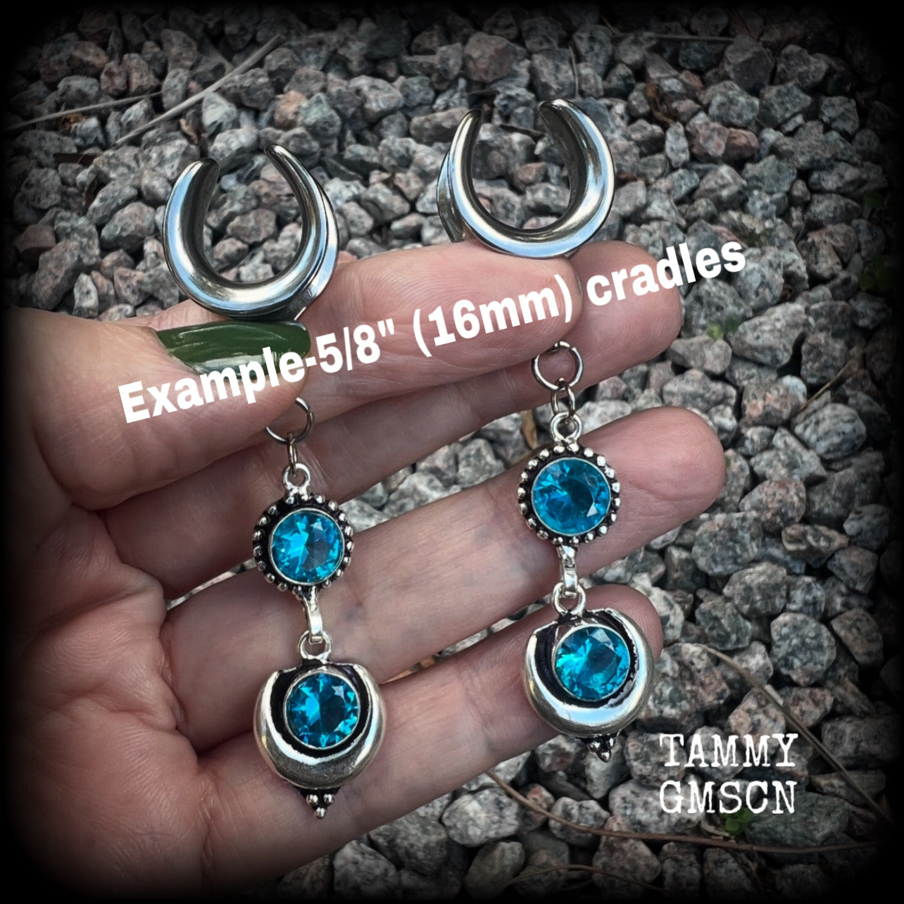 These earrings have been made with gorgeous facet sky blue topaz gemstones in a beautiful boho antique silver setting with crescent moon, lovely and dangly at just over 7.5cms from tip to tip, and not too heavy at just 8 grams each.  These earrings have been made on 5/8” gauge (16mm) surgical steel cradles, to be worn in stretched lobes.