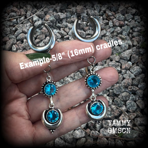 These earrings have been made with gorgeous facet sky blue topaz gemstones in a beautiful boho antique silver setting with crescent moon, lovely and dangly at just over 7.5cms from tip to tip, and not too heavy at just 8 grams each.  These earrings have been made on 5/8” gauge (16mm) surgical steel cradles, to be worn in stretched lobes.