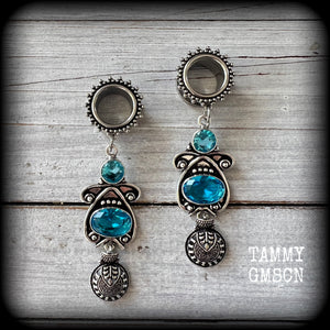 Blue topaz tunnel dangles-Ornate tunnels