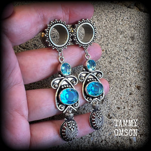 Blue topaz tunnel dangles-Ornate tunnels