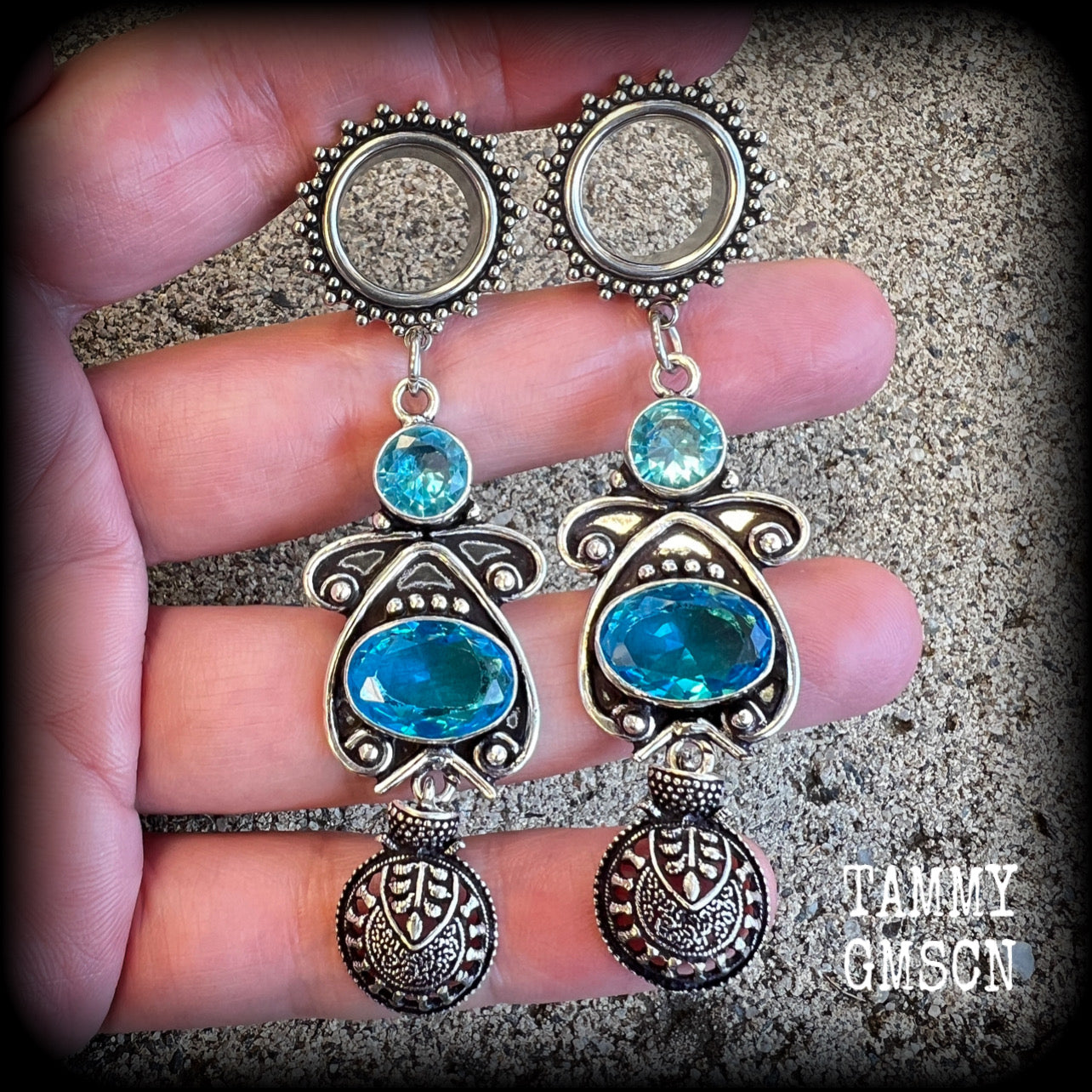 Blue topaz tunnel dangles-Ornate tunnels