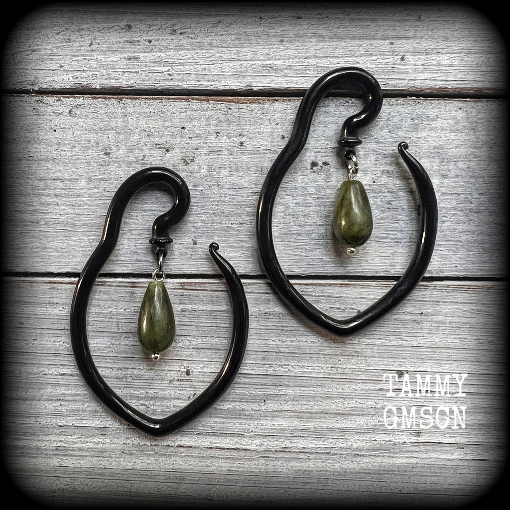 Green jade tear drop ear hangers Gemstone ear weights 6 gauge ear weights 8 gauge ear weights Jade ear weights Jade body jewelry Stretched lobes Gauges Ear gauges Gauged ears Gauged earrings Body jewelry Stretched ears 4mm 6mm 8mm 6g 5g 4g 2g 0g 00g