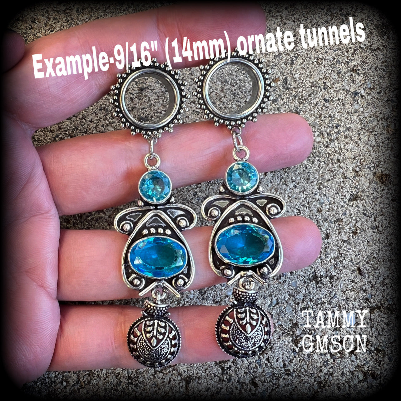 Blue topaz tunnel dangles-Ornate tunnels