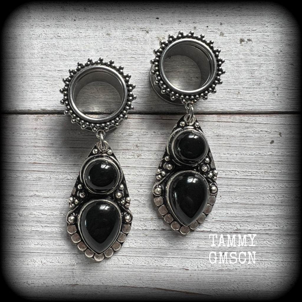 Black onyx tunnel dangles-Gemstone body jewelry