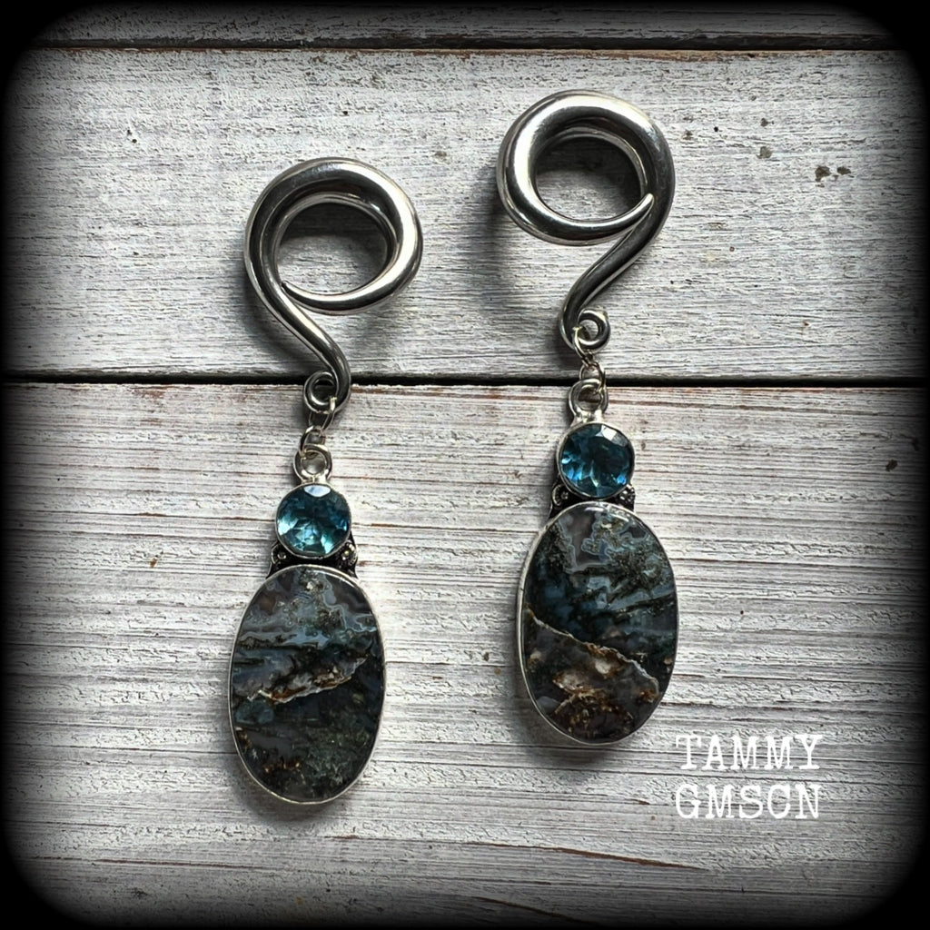 Blue topaz and Indian moss jasper gauged earrings-Gemstone ear gauges