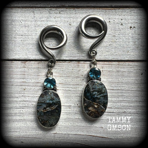 Blue topaz and Indian moss jasper gauged earrings-Gemstone ear gauges