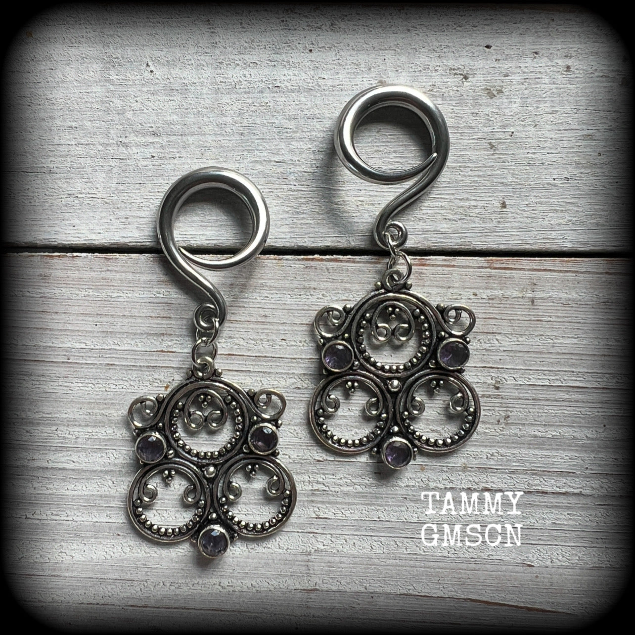 Amethyst ear hangers-Gemstone gauged earrings