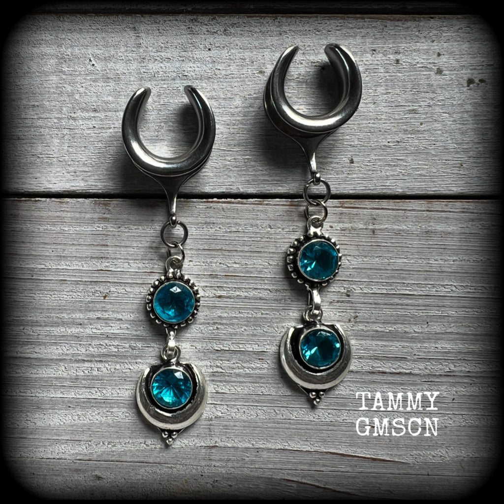 Blue topaz gauged earrings-Gemstone ear hangers