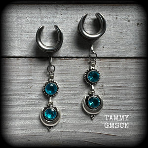 Blue topaz gauged earrings-Gemstone ear hangers