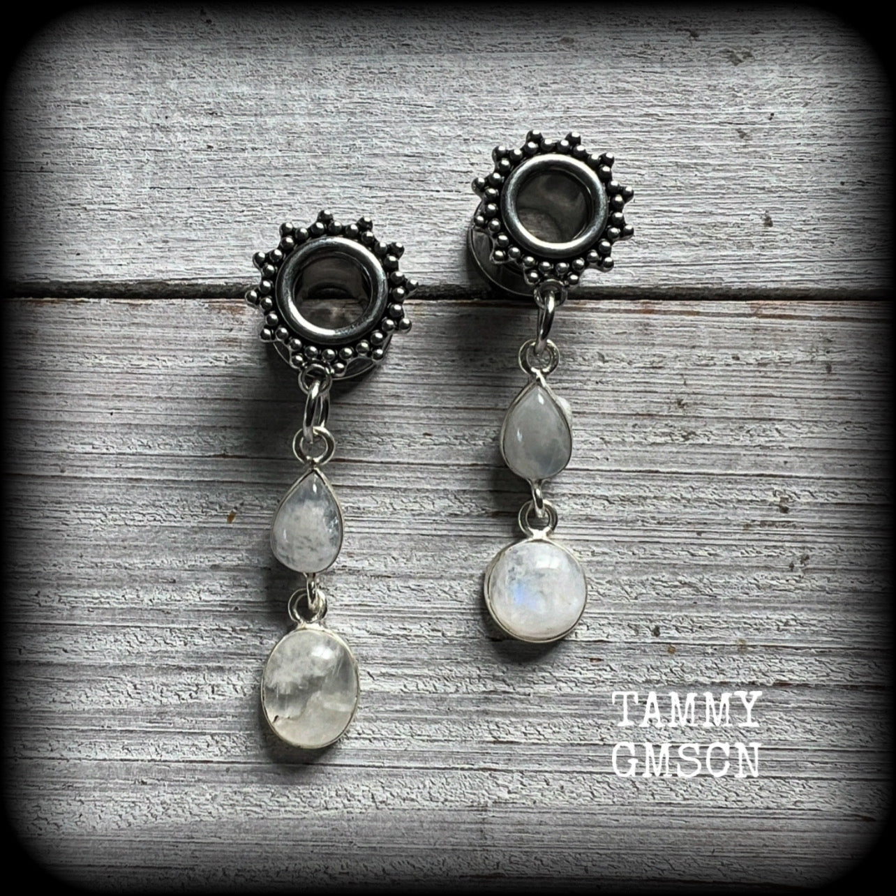 Rainbow moonstone ear gauges-Gemstone tunnel earrings