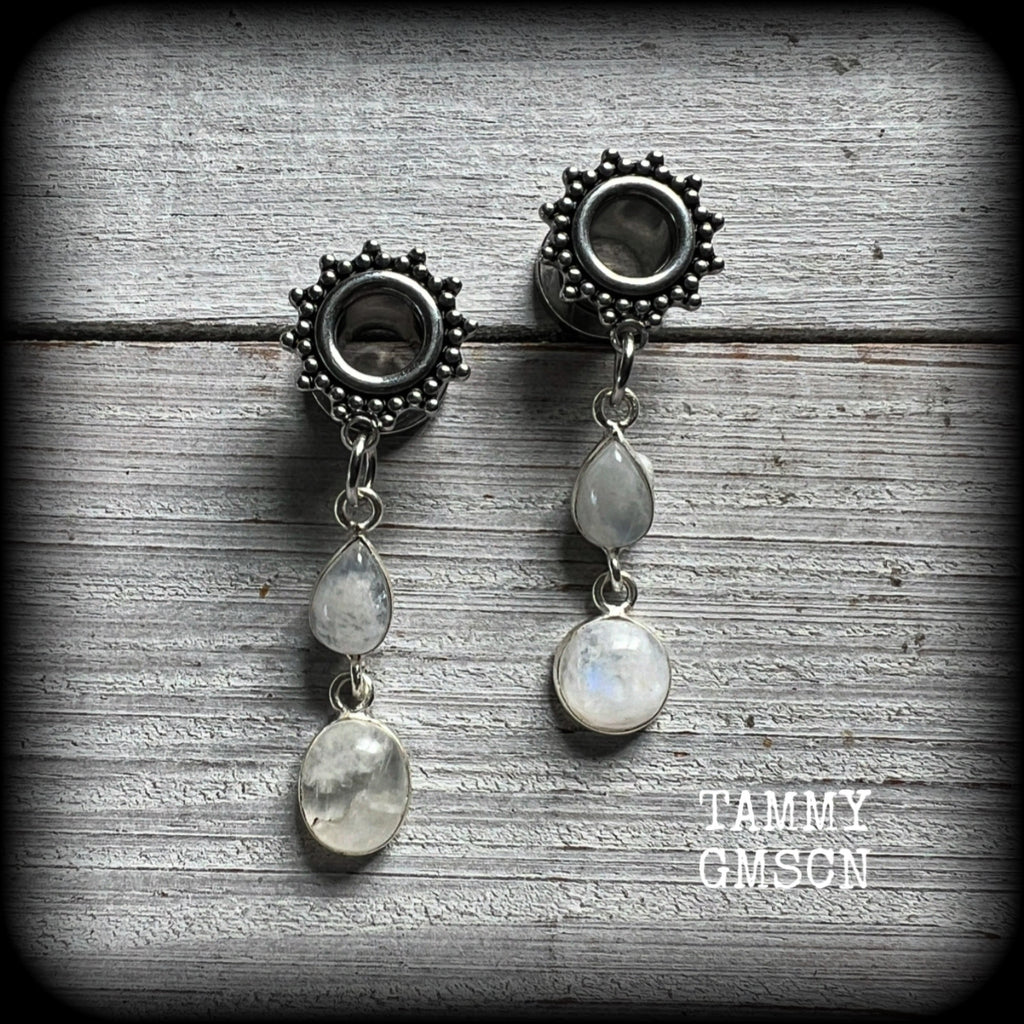 Rainbow moonstone ear gauges-Gemstone tunnel earrings