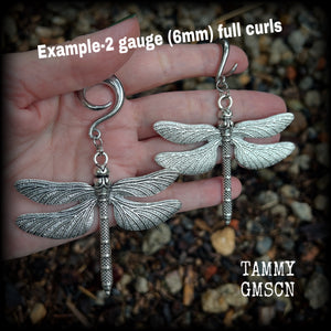 Dragonfly gauged earrings-Insect ear hangers