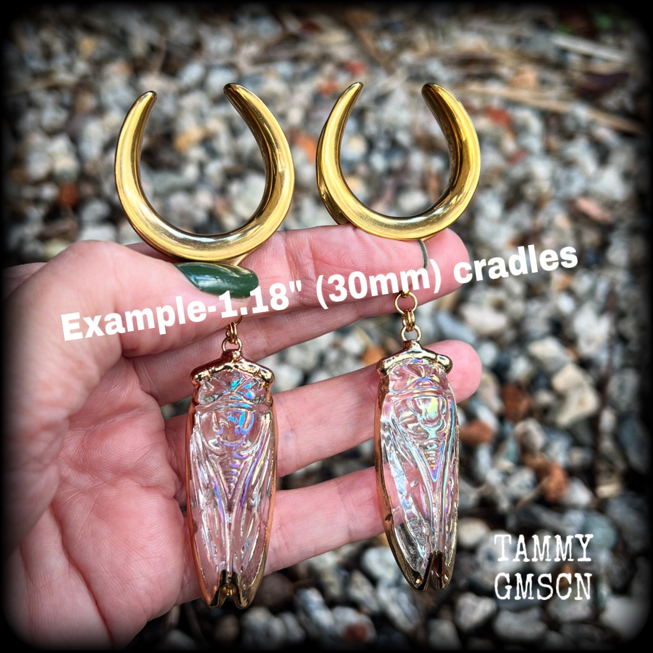 Clear quartz cicada gauged earrings-Insect ear weights