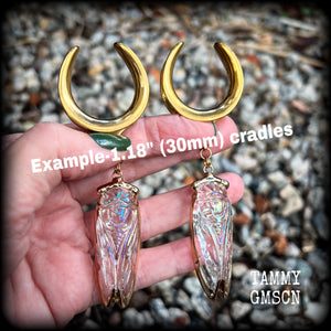 Clear quartz cicada gauged earrings-Insect ear weights