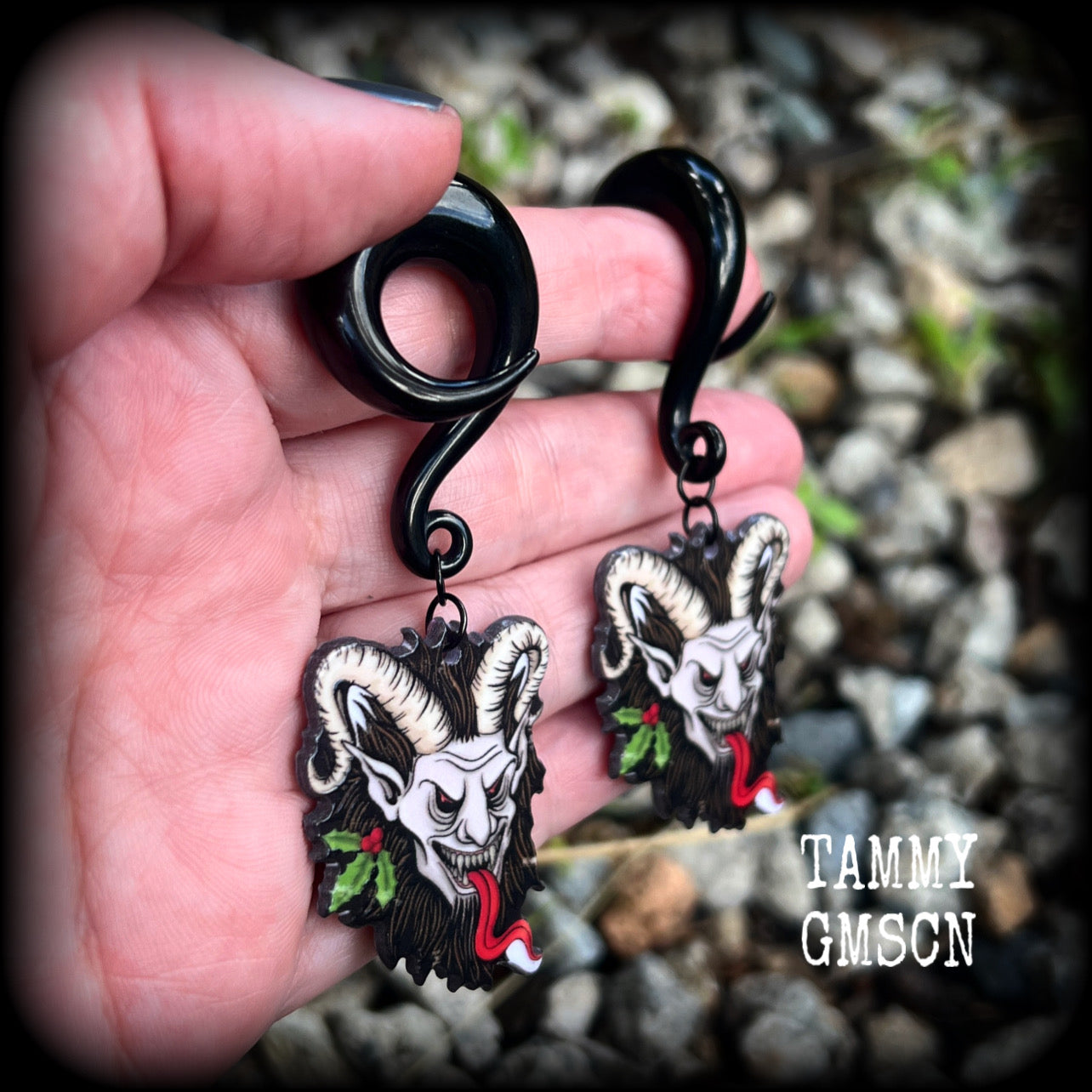 Krampus gauged earrings Christmas earrings Halloween ear gauges Summer solstice Yule earrings Horned god Gothic Winter solstice Pagan Folklore Fairy tales Halloween jewelry Yuletide Mythology 4mm 6mm 8mm 10mm 12mm 14mm 16mm 19mm 22mm 25mm 28mm 30mm 