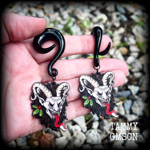 Christmas earrings Krampus gauged earrings Christmas earrings Halloween ear gauges Summer solstice Yule earrings Horned god Gothic Winter solstice Pagan Folklore Fairy tales Halloween jewelry Yuletide Mythology Mythological beasts Fairytales Pierced ears Tunnels Plugs