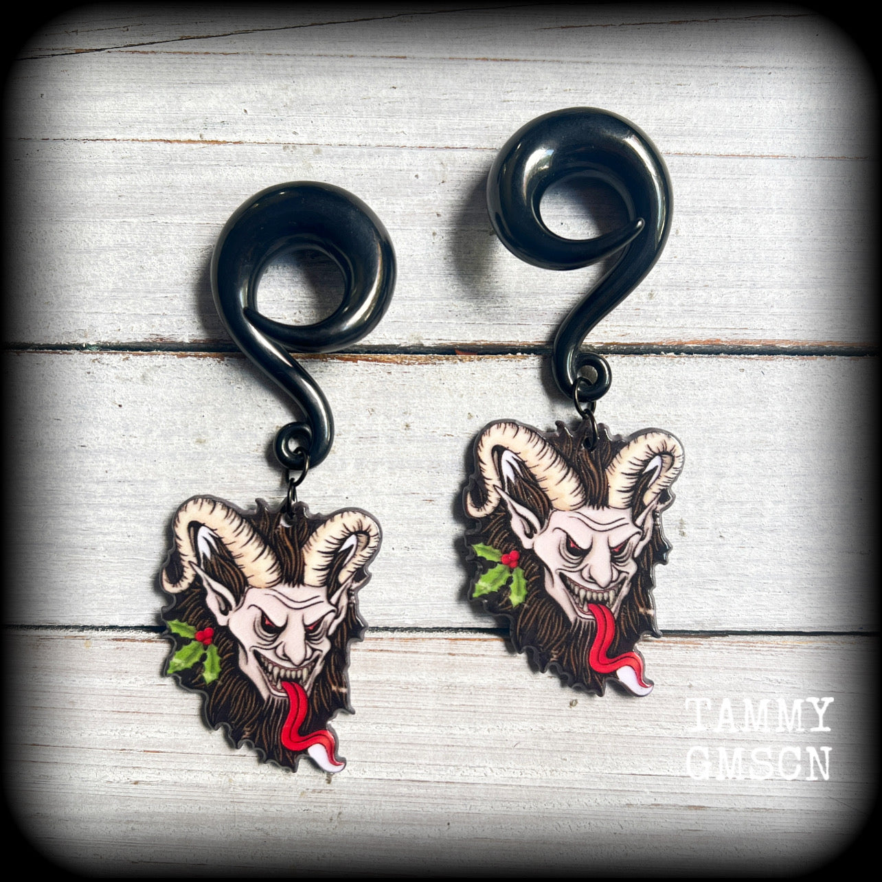 Krampus earrings Krampus gauged earrings Christmas earrings Halloween ear gauges Summer solstice Yule earrings Horned god Gothic Winter solstice Pagan Folklore Fairy tales Halloween jewelry Yuletide Mythology Mythological beasts Fairytales Pierced ears Tunnels Plugs