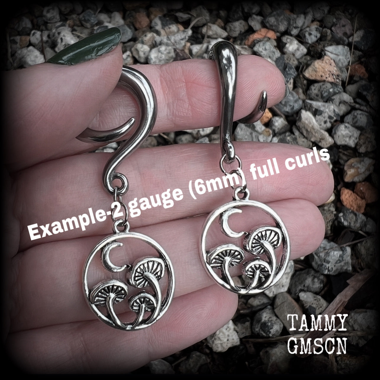 Fairycore mushroom tunnel earrings-Mossgoth crescent moon ear gauges