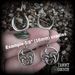 Fairycore mushroom tunnel earrings-Mossgoth crescent moon ear gauges