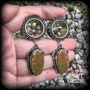 Unakite tunnel earrings-Forestpunk gemstone tunnel dangles