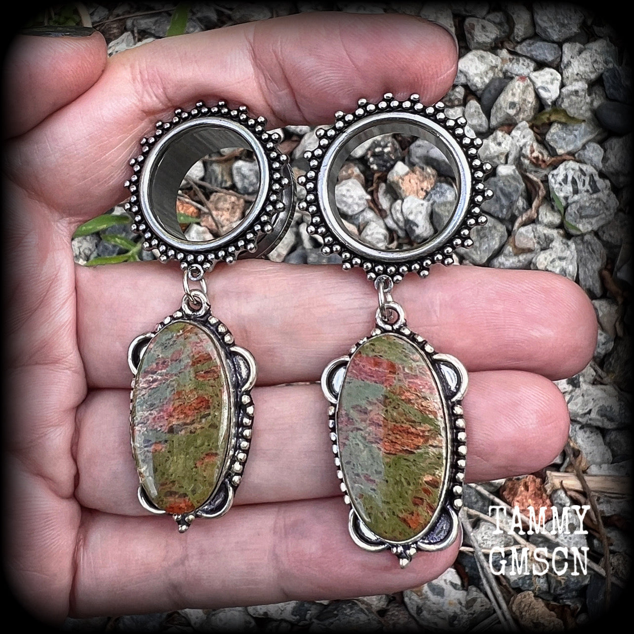 Unakite tunnel earrings-Forestpunk gemstone tunnel dangles