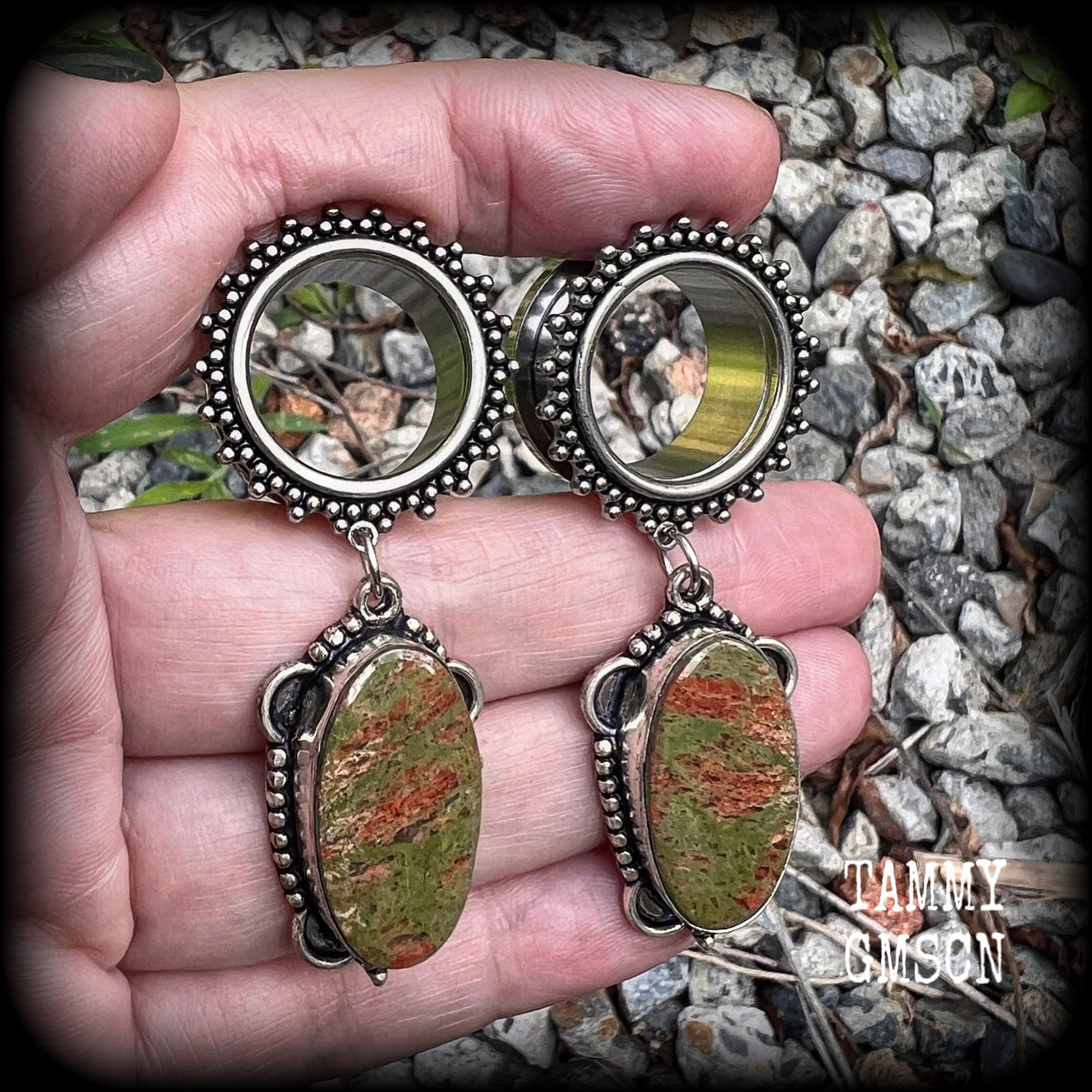 Unakite tunnel earrings-Forestpunk gemstone tunnel dangles