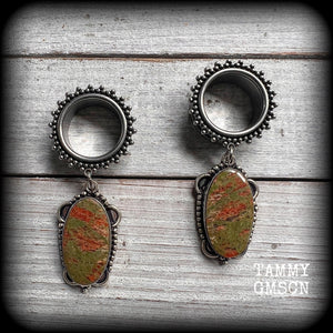 Unakite tunnel earrings-Forestpunk gemstone tunnel dangles