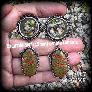 Unakite tunnel earrings-Forestpunk gemstone tunnel dangles