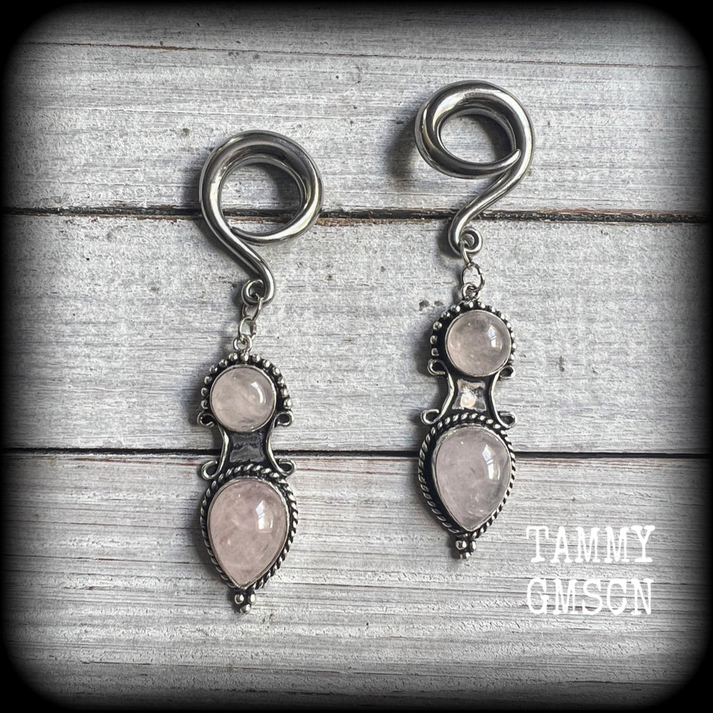 Rose quartz gauged earrings-Gemstone ear weights