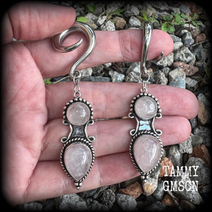 Rose quartz gauged earrings-Gemstone ear weights