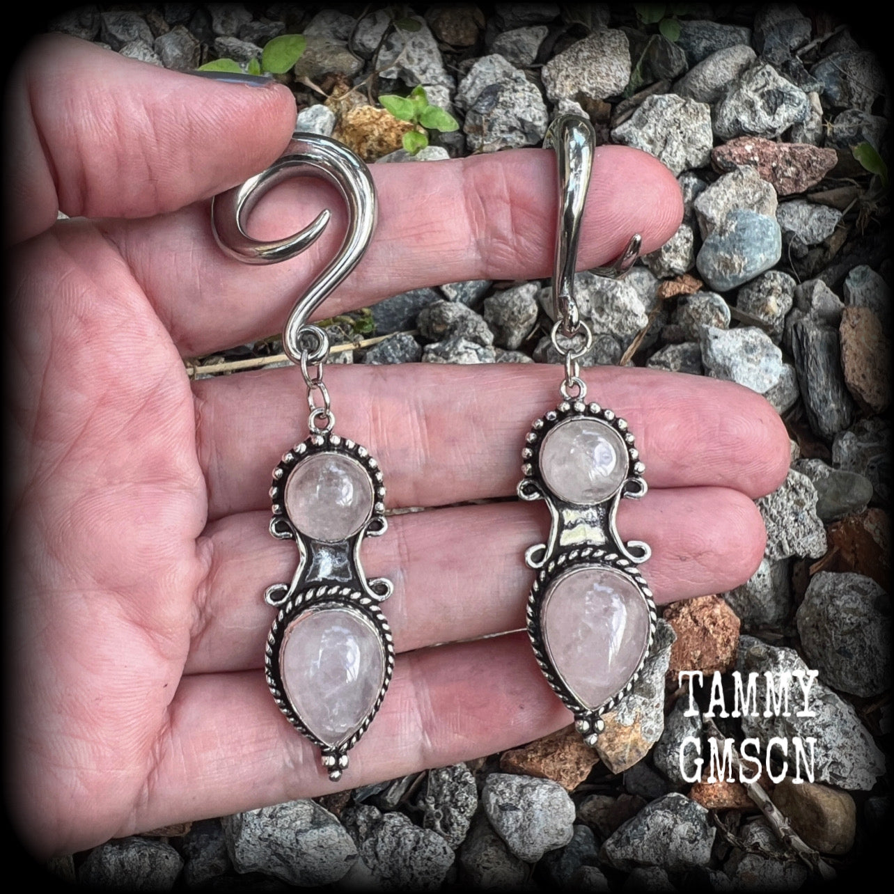 Rose quartz gauged earrings-Gemstone ear weights