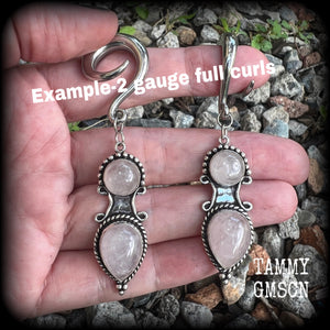 Rose quartz gauged earrings-Gemstone ear weights