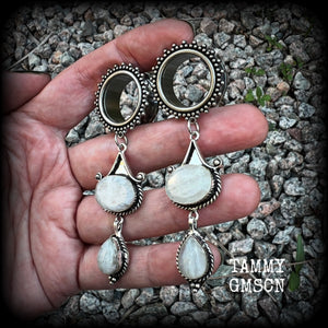 Rainbow moonstone tunnel dangles-Gemstone tunnels