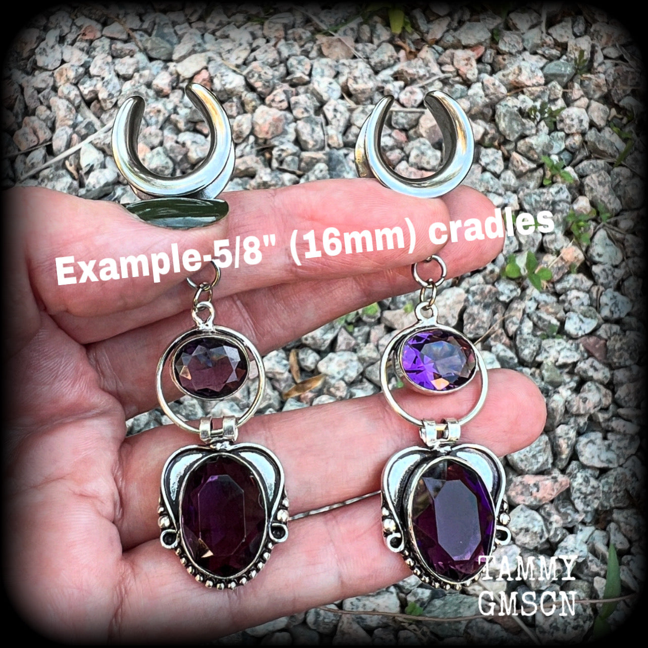These gorgeous gauged earrings feature beautiful purple facet amethyst gemstones in an antique silver gypsy boho style setting, measuring just on 6cms from tip to tip, and weighing approx 6 grams each, not too heavy...

This pair have been made on 5/8” gauge (16mm) surgical steel cradles-suitable for stretched lobes.
