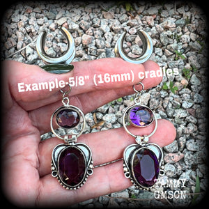 These gorgeous gauged earrings feature beautiful purple facet amethyst gemstones in an antique silver gypsy boho style setting, measuring just on 6cms from tip to tip, and weighing approx 6 grams each, not too heavy...

This pair have been made on 5/8” gauge (16mm) surgical steel cradles-suitable for stretched lobes.
