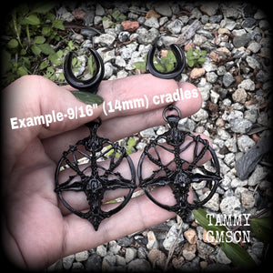 Black baphomet gauged earrings-Occult ear hangers