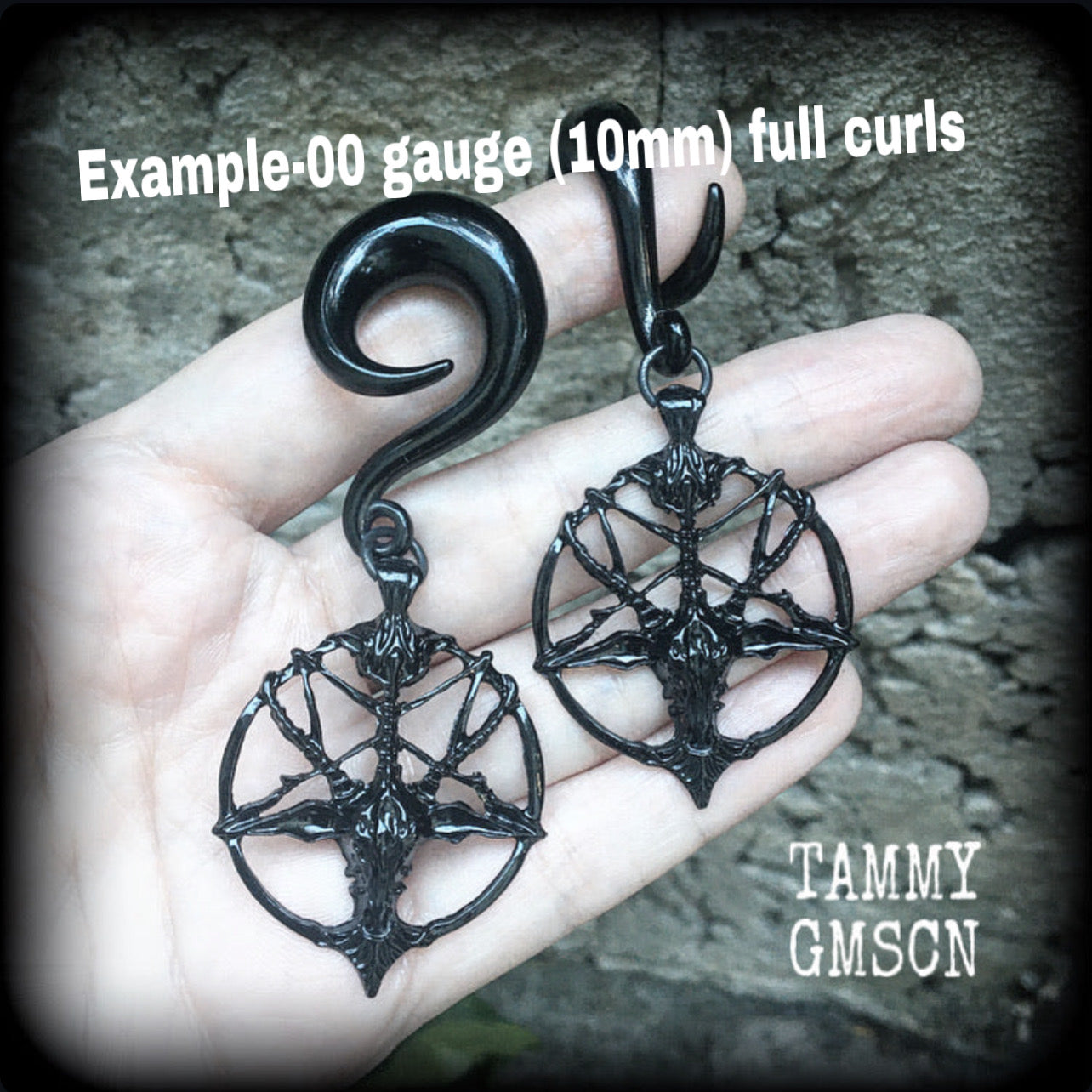 Black baphomet gauged earrings-Occult ear hangers