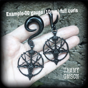 Black baphomet gauged earrings-Occult ear hangers