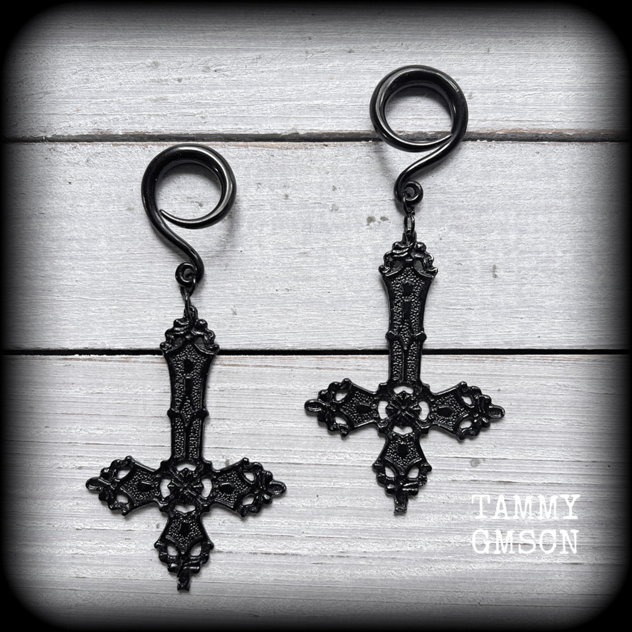 Inverted cross jewelry Inverted cross ear weights Church of Satan jewelry Satanic ear weights Satanic body jewelry Gauged ears gauges Stretched ears Stretched lobes Demons Evil Gothic Occult 4mm 6mm 8mm 10mm 12mm 14mm 16mm 19mm 22mm 25mm 28mm 30mm 