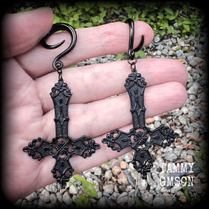 Inverted cross jewelry Inverted cross ear weights Church of Satan jewelry Satanic ear weights Satanic body jewelry Gauged ears gauges Stretched ears Stretched lobes Demons Evil Gothic Occult 4mm 6mm 8mm 10mm 12mm 14mm 16mm 19mm 22mm 25mm 28mm 30mm 