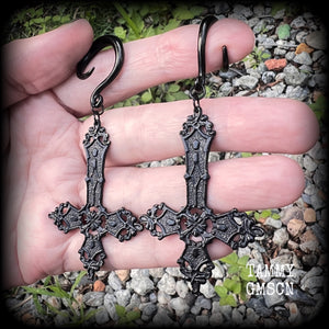 Inverted cross jewelry Inverted cross ear weights Church of Satan jewelry Satanic ear weights Satanic body jewelry Gauged ears gauges Stretched ears Stretched lobes Demons Evil Gothic Occult 4mm 6mm 8mm 10mm 12mm 14mm 16mm 19mm 22mm 25mm 28mm 30mm 