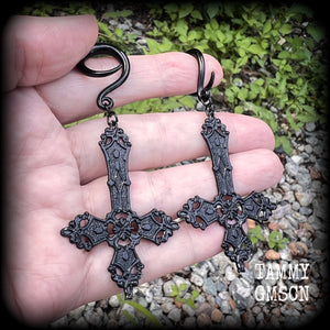 Inverted cross jewelry Inverted cross ear weights Church of Satan jewelry Satanic ear weights Satanic body jewelry Gauged ears gauges Stretched ears Stretched lobes Demons Evil Gothic Occult 4mm 6mm 8mm 10mm 12mm 14mm 16mm 19mm 22mm 25mm 28mm 30mm 