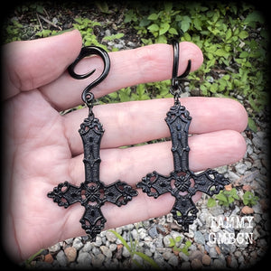 Inverted cross jewelry Inverted cross ear weights Church of Satan jewelry Satanic ear weights Satanic body jewelry Gauged ears gauges Stretched ears Stretched lobes Demons Evil Gothic Occult 4mm 6mm 8mm 10mm 12mm 14mm 16mm 19mm 22mm 25mm 28mm 30mm 