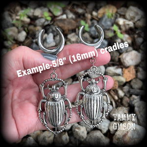 Silver scarab beetle gauged earrings-Insect ear weights