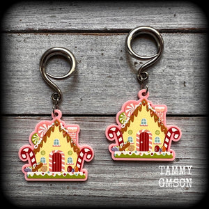 Gingerbread house earrings Kitsch Christmas earrings Gingerbread man gauges Ear hangers Gauged earrings Stretched lobes Gauged ears Stretched ears Christmas body jewelry Christmas jewelry Xmas 4mm 6mm 8mm 10mm 12mm 14mm 16mm 19mm 22mm 25mm 28mm 30mm