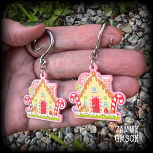 Gingerbread house earrings Kitsch Christmas earrings Gingerbread man gauges Ear hangers Gauged earrings Stretched lobes Gauged ears Stretched ears Christmas body jewelry Christmas jewelry Xmas 4mm 6mm 8mm 10mm 12mm 14mm 16mm 19mm 22mm 25mm 28mm 30mm